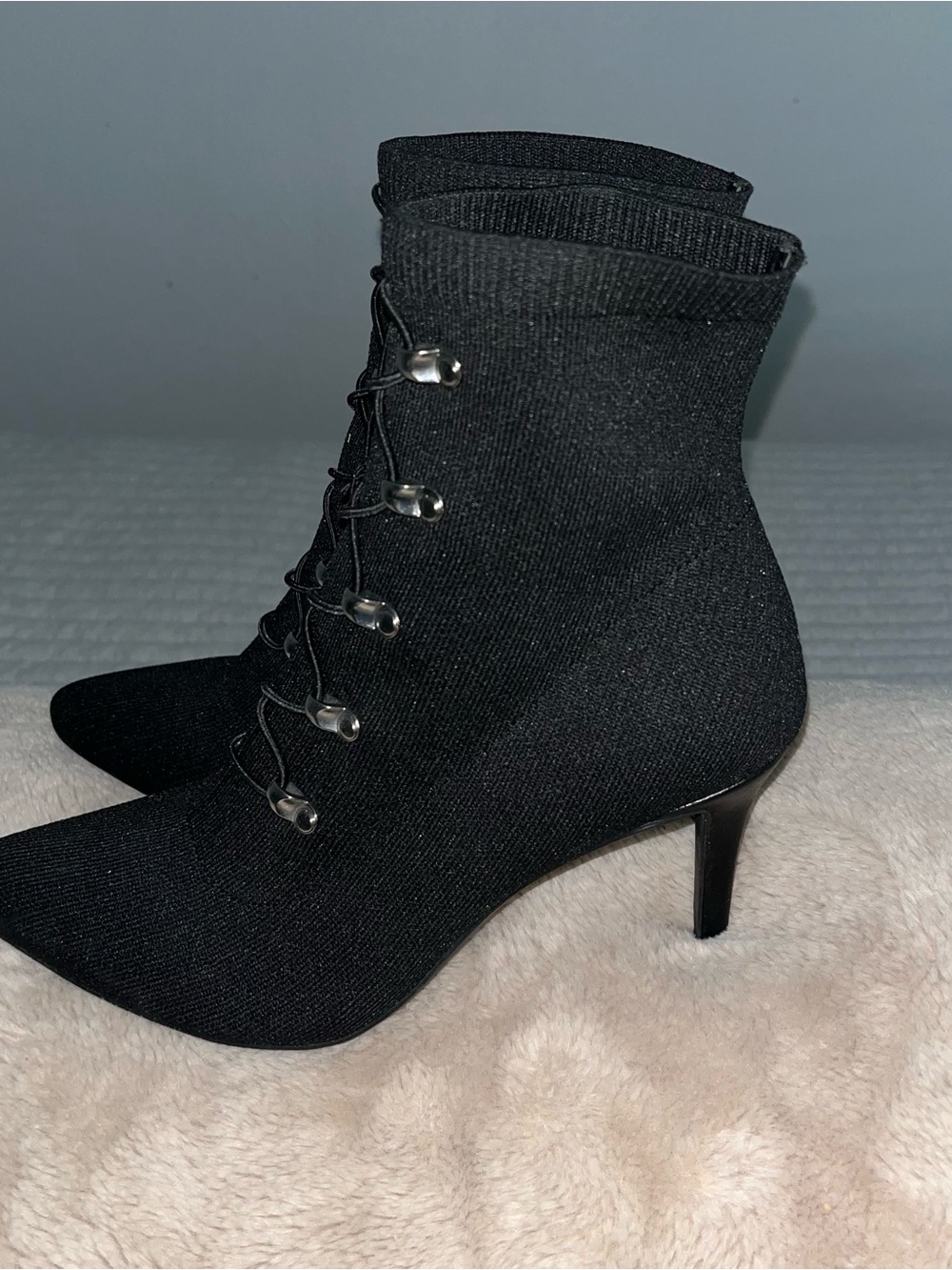 Forever 21 Black Pointed Sock Boots with Decorative Lace-Up Detail